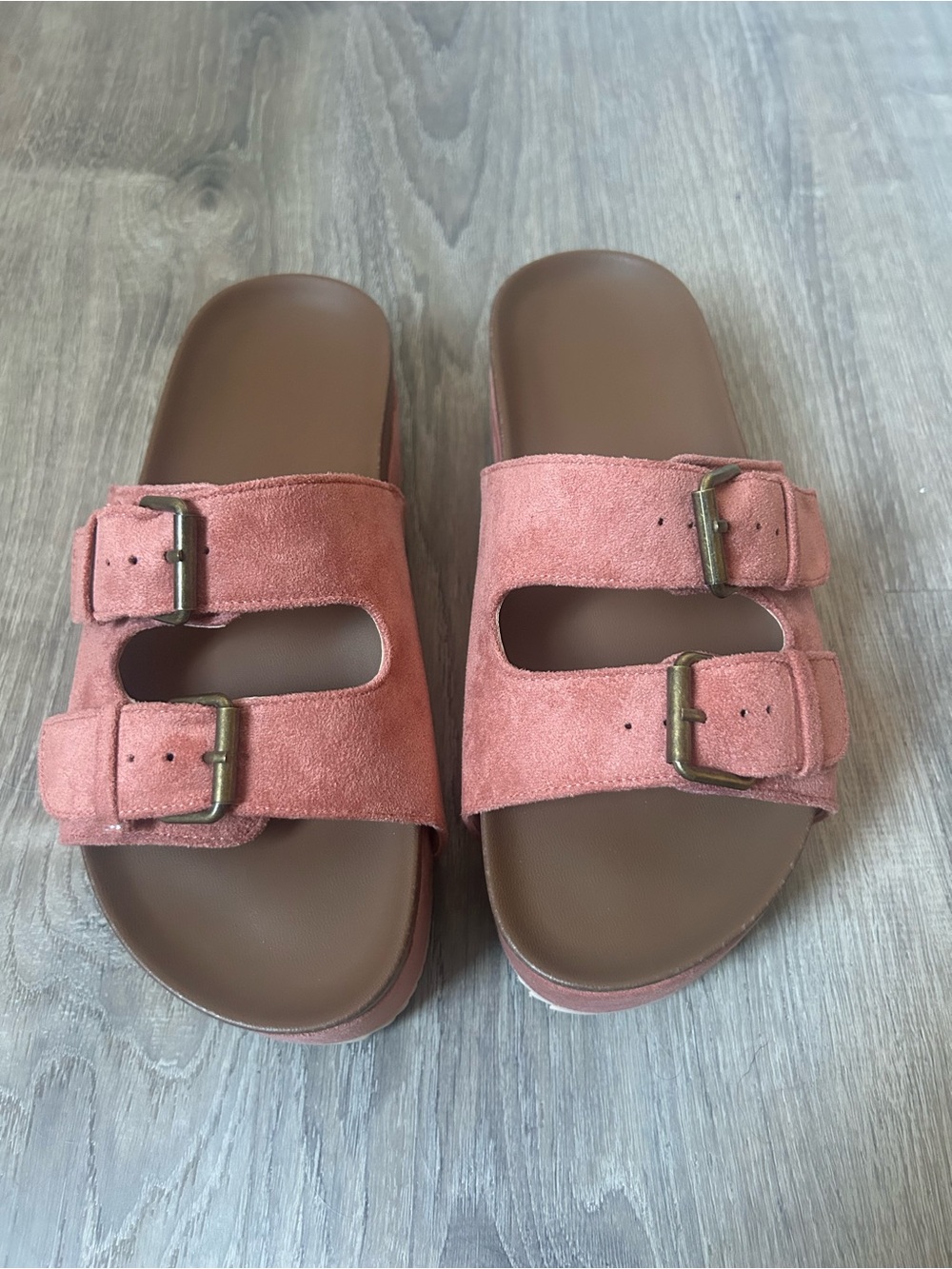 Source Unknown Pink Suede Double Strap Platform Sandals